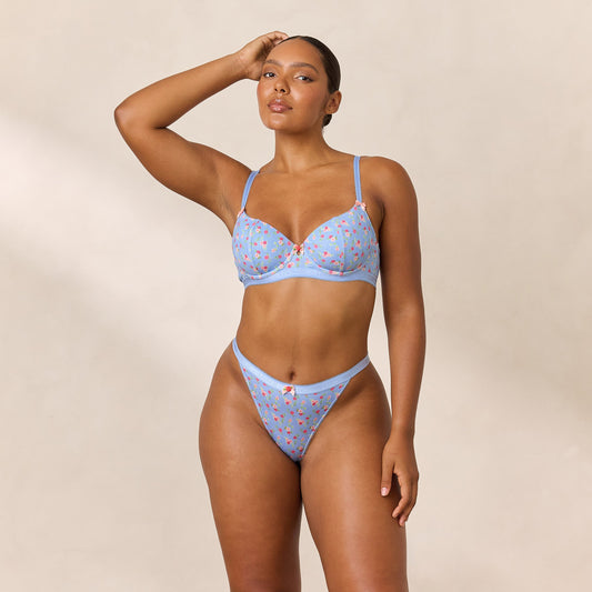 Lounge Rosebud Ribbed Balcony Bra  - Blue Floral