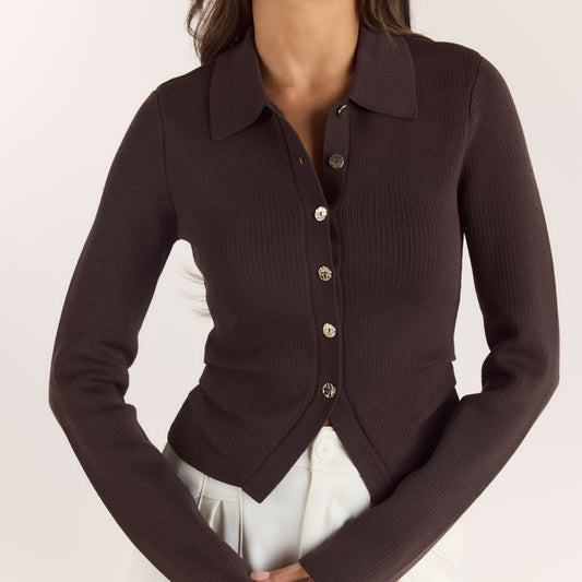 Lounge Ribbed Knitted Cardigan - Chocolate