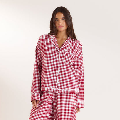 Lounge Christmas Cottage Gingham Pajama Shirt - Red