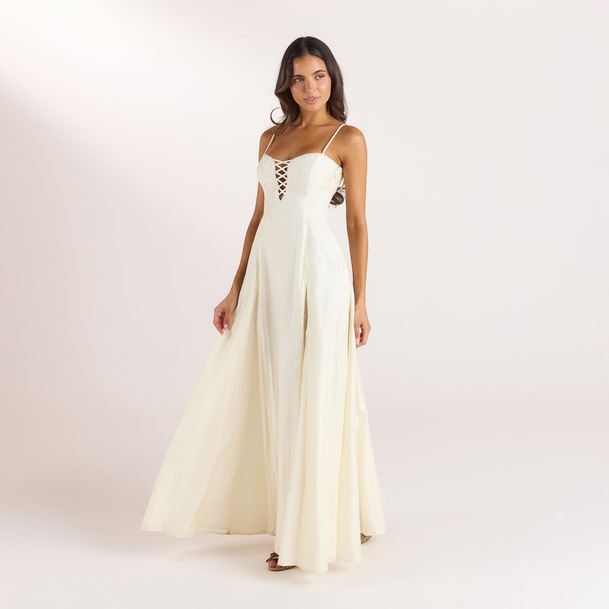 Lounge Embroidered Lace-Up Maxi Dress - Buttercream
