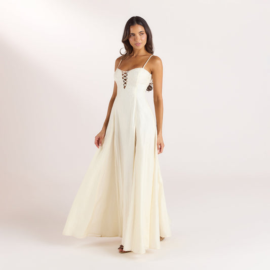 Lounge Embroidered Lace-Up Maxi Dress - Buttercream