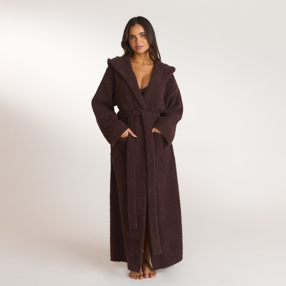 Lounge Fluffy Knitted Dressing Gown - Dark Chocolate