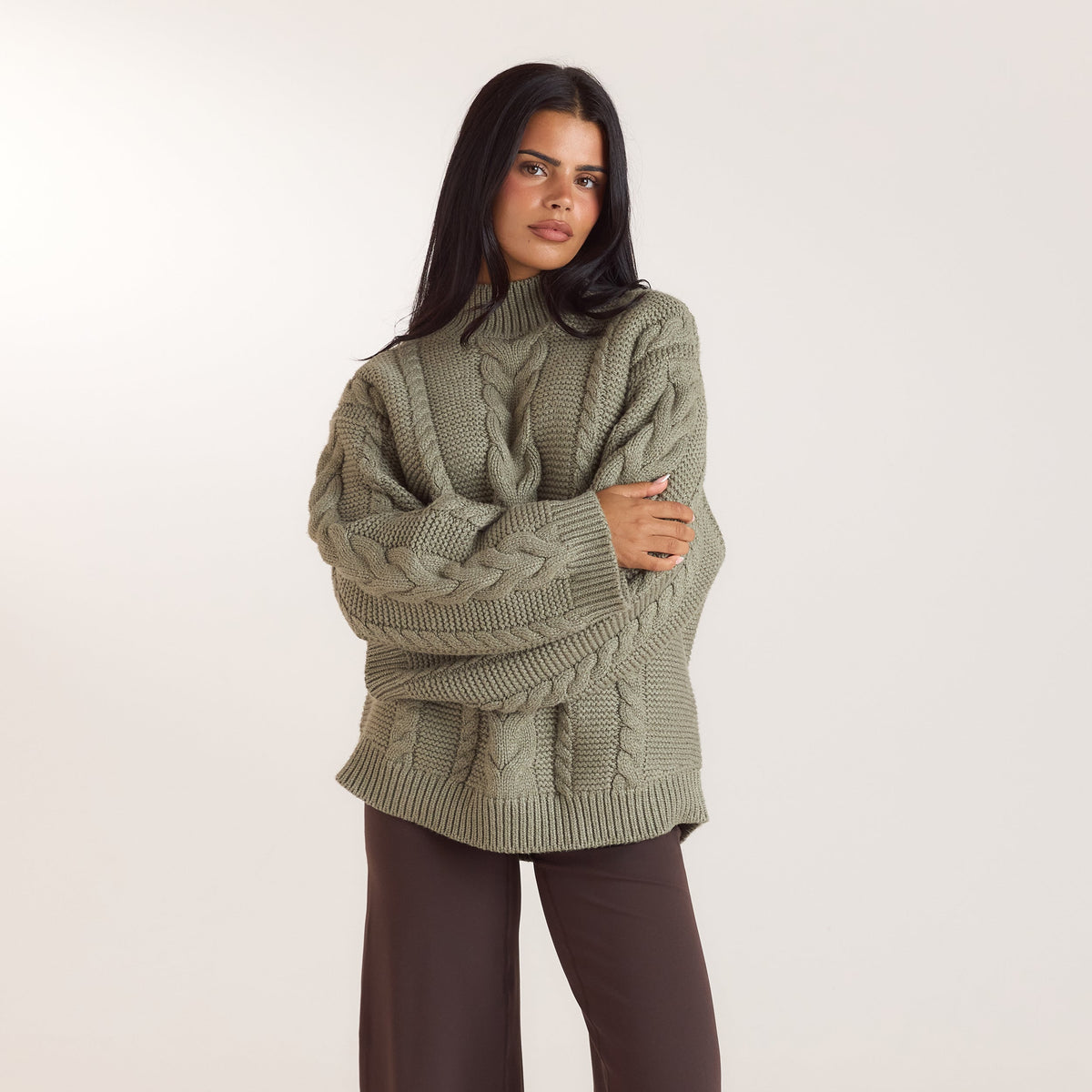 Lounge Oversized Cable-Knit Jumper - Olive
