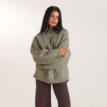 Lounge Oversized Cable-Knit Jumper - Olive