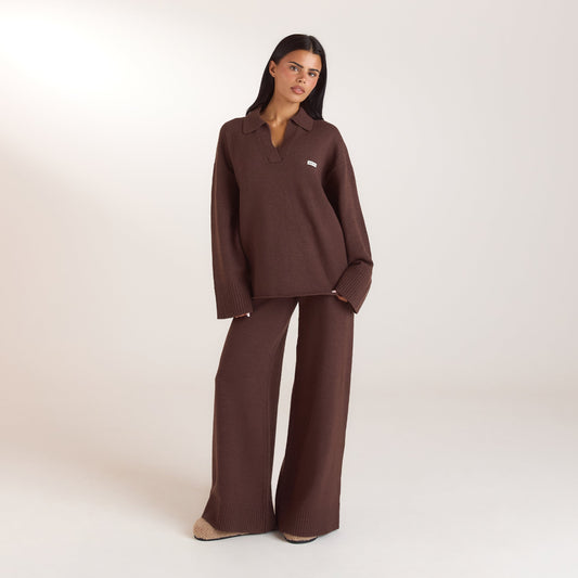 Lounge Half Placket Knitted Jumper - Chocolate