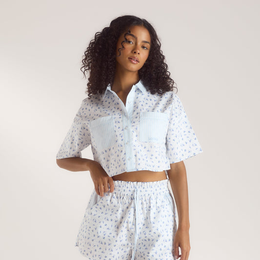 Lounge Bloom & Stripe Short-Sleeved Pajama Shirt - Blue