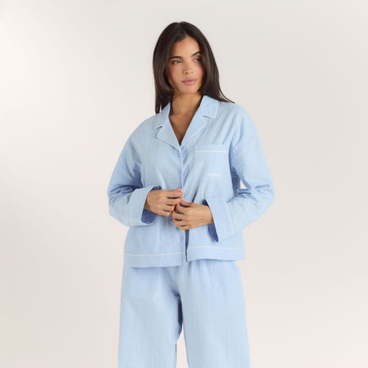 Lounge Textured Cotton Pajama Shirt - Blue