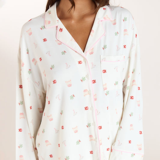 Lounge Christmas Cottage Modal Pajama Shirt - Cream Print