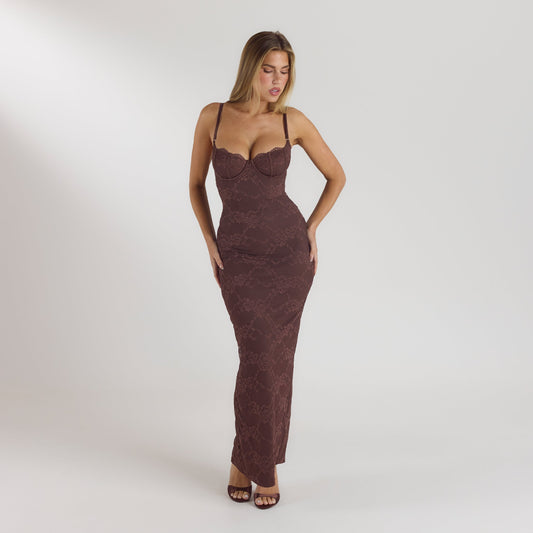 Lounge Blossom Maxi Dress with Bodysuit - Chocolate