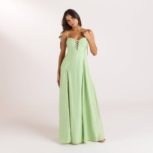 Lounge Embroidered Lace-Up Maxi Dress - Green