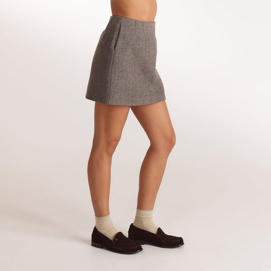 Lounge Herringbone A-Line Mini Skirt - Brown