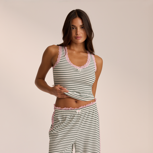 Lounge Lace Vest Pajama Top - Green Stripe