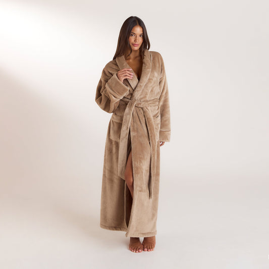 Lounge Long Fluffy Dressing Gown - Beige