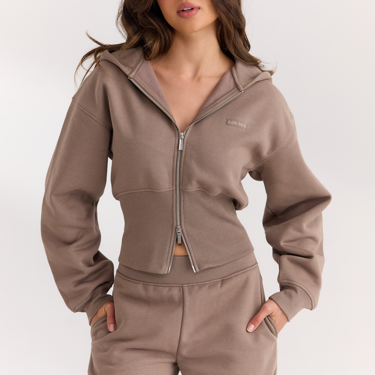 Lounge Fitted-Waist Zip-Up Hoodie - Mushroom