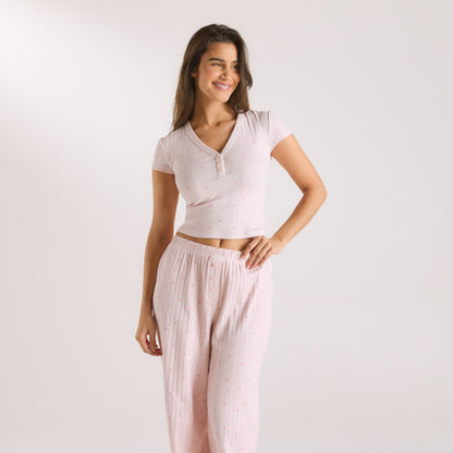 Lounge Pointelle Pajama Top - Pink Floral