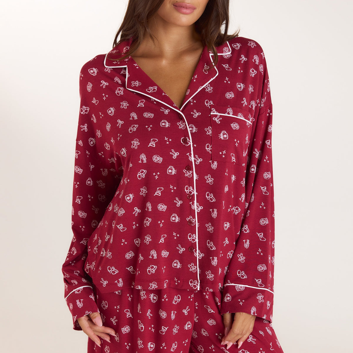 Lounge Christmas Cottage Modal Pajama Shirt - Red Print