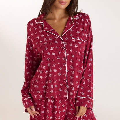 Lounge Christmas Cottage Modal Pajama Shirt - Red Print