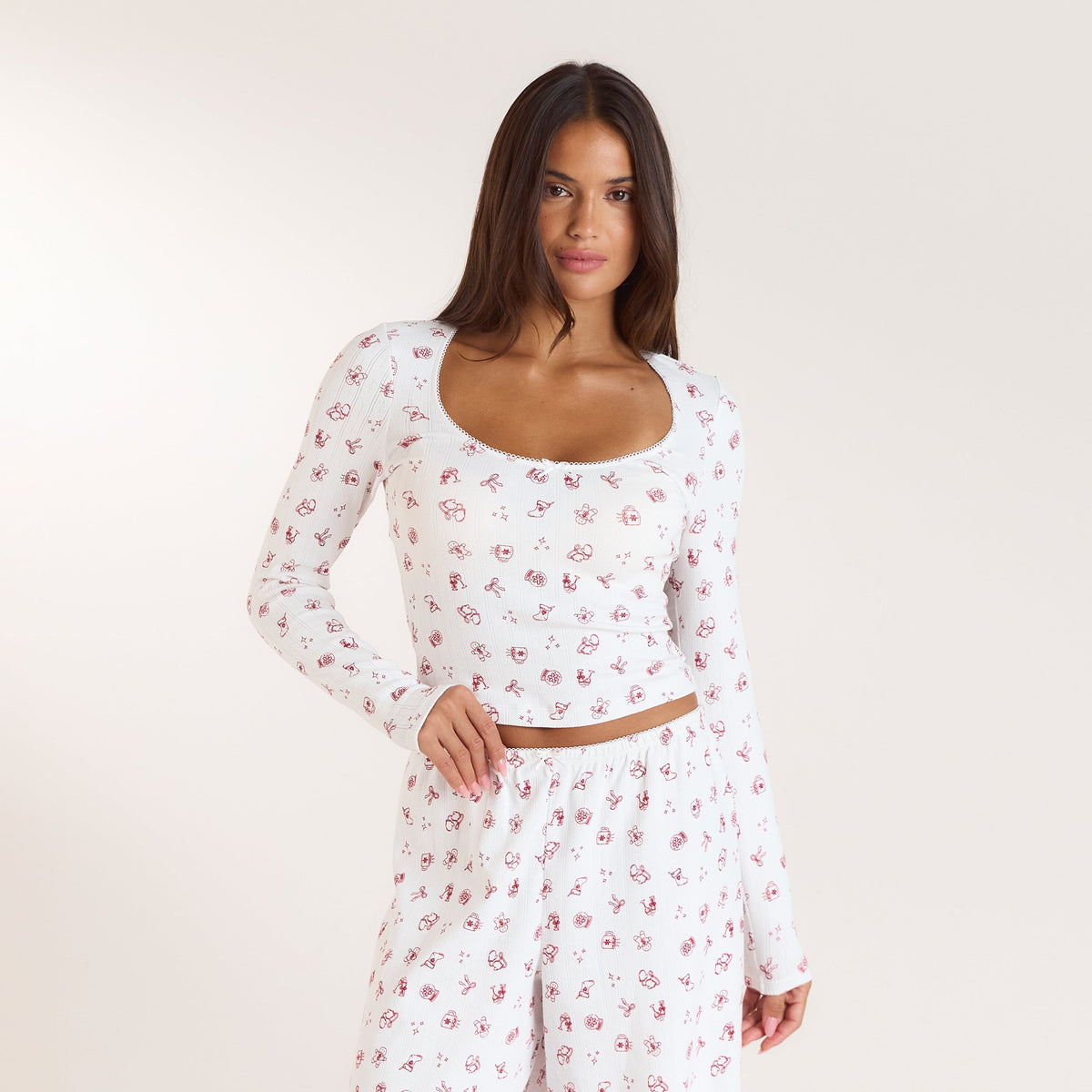 Lounge Christmas Cottage Pointelle Pajama Top - White Print