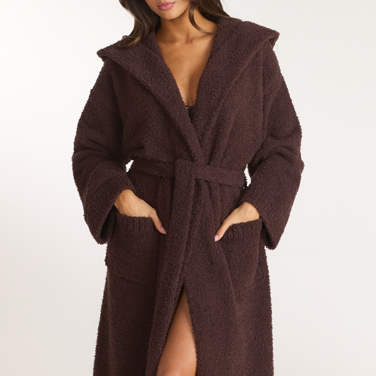 Lounge Fluffy Knitted Dressing Gown - Dark Chocolate