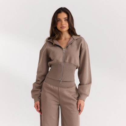 Lounge Fitted-Waist Zip-Up Hoodie - Mushroom