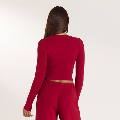 Lounge Christmas Cottage Pointelle Pajama Top - Red