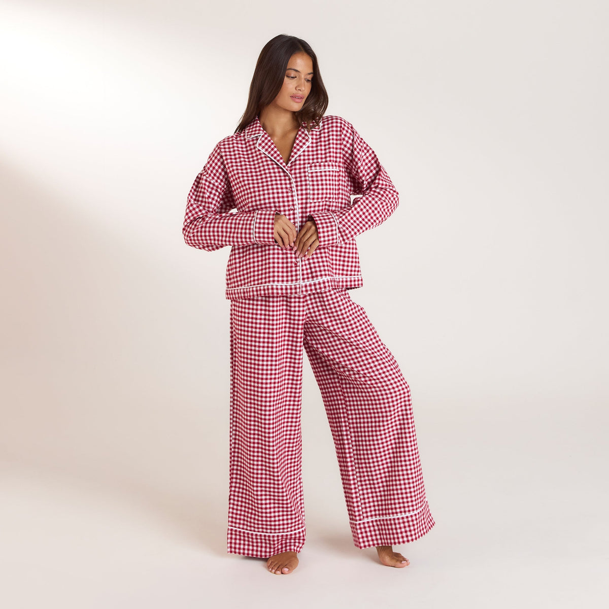 Lounge Christmas Cottage Gingham Pajama Shirt - Red