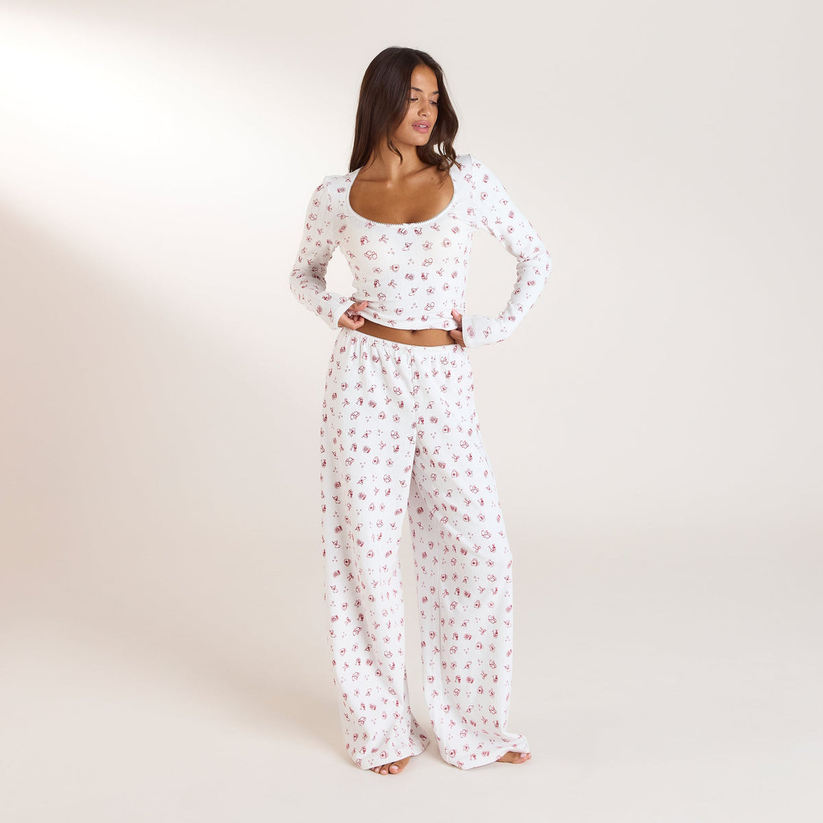 Lounge Christmas Cottage Pointelle Pajama Pants - White Print