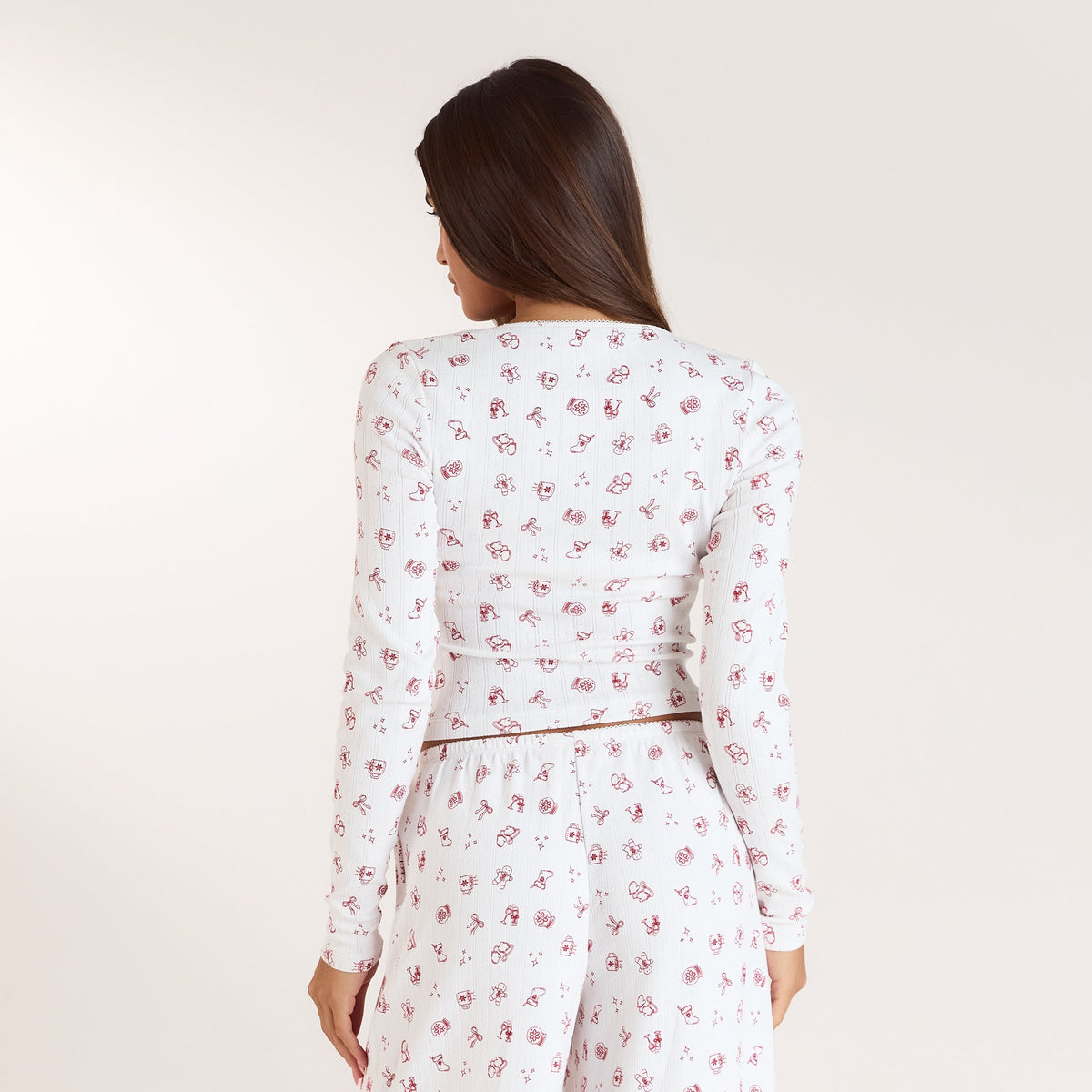 Lounge Christmas Cottage Pointelle Pajama Top - White Print