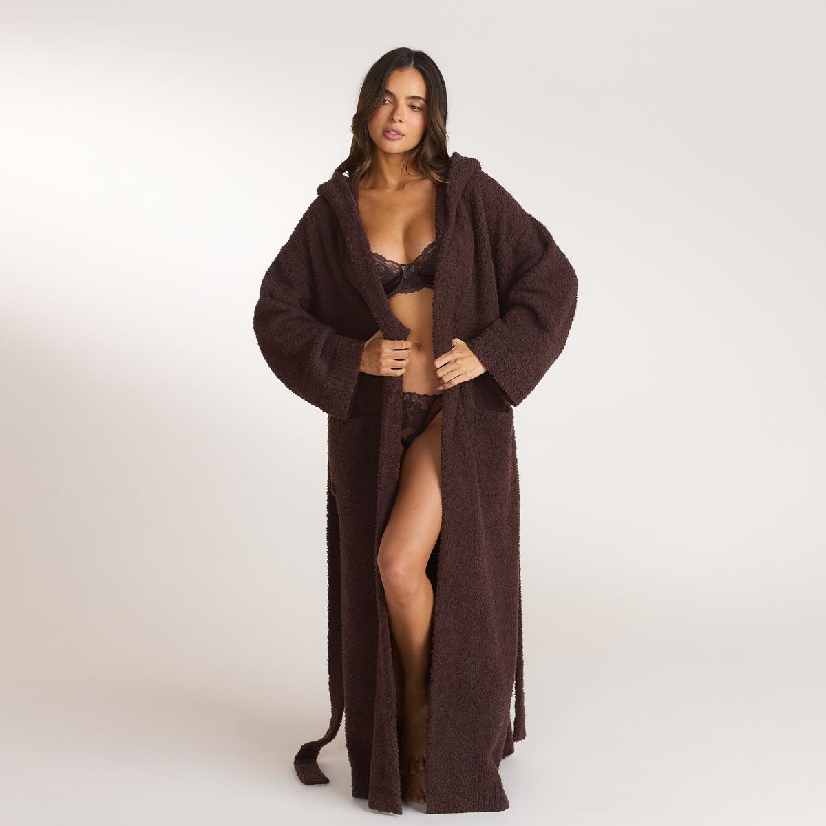 Lounge Fluffy Knitted Dressing Gown - Dark Chocolate