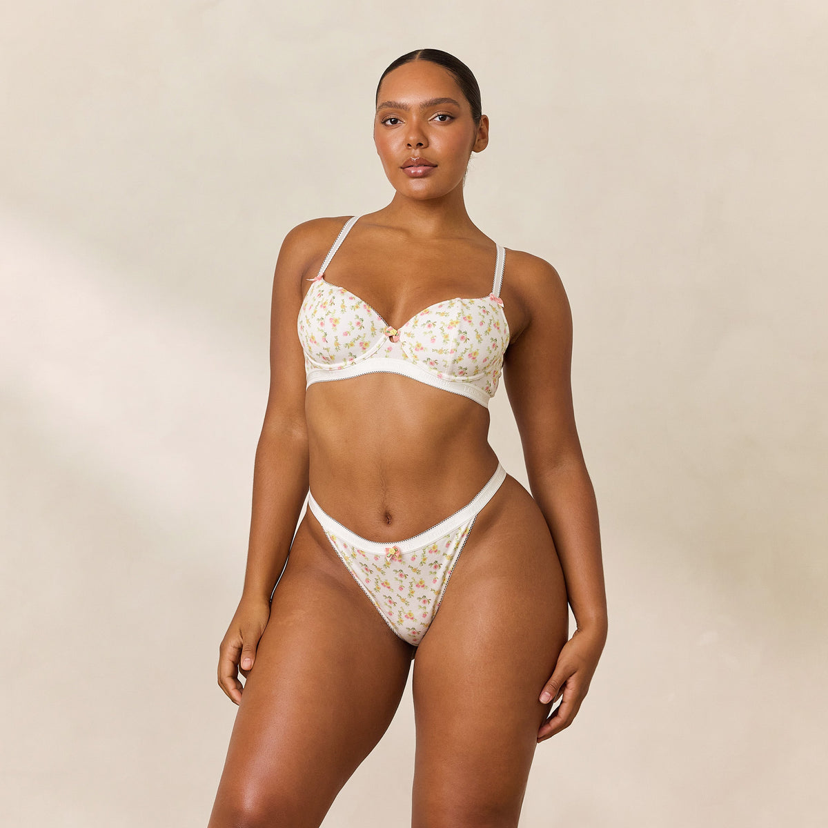 Lounge Rosebud Ribbed Balcony Bra  - White Floral