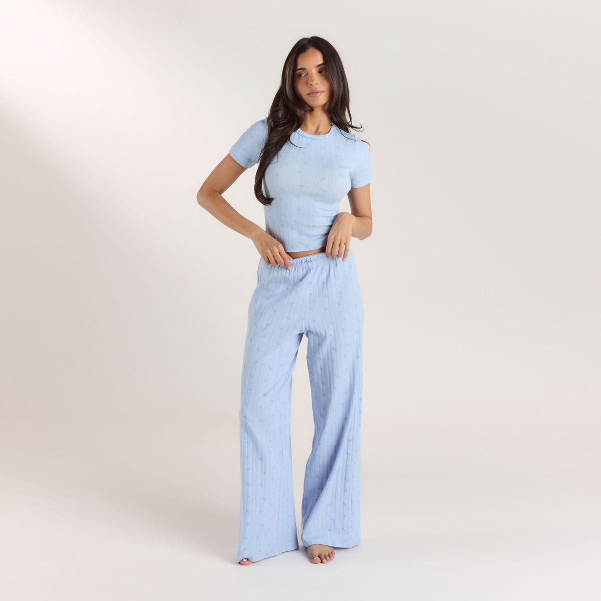 Lounge Pointelle Fitted Pajama Top - Blue Floral