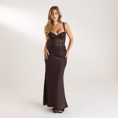Lounge Satin Fitted Maxi Skirt - Chocolate