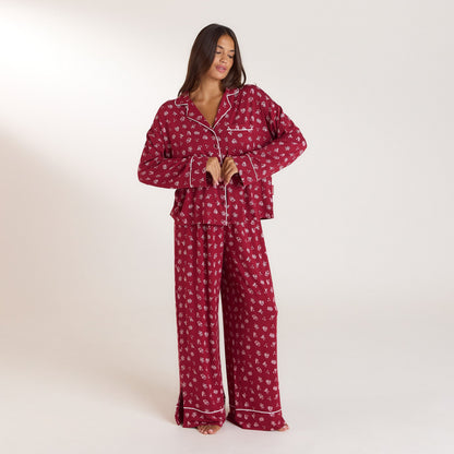 Lounge Christmas Cottage Modal Pajama Shirt - Red Print