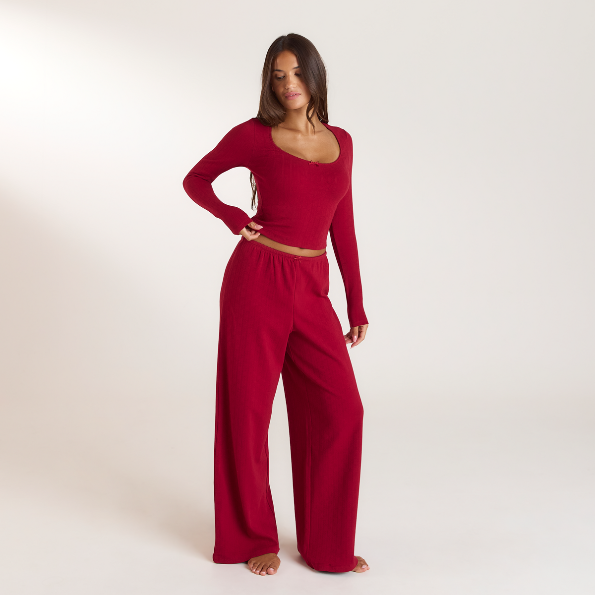 Lounge Christmas Cottage Pointelle Pajama Top - Red