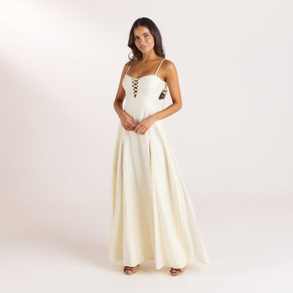 Lounge Embroidered Lace-Up Maxi Dress - Buttercream