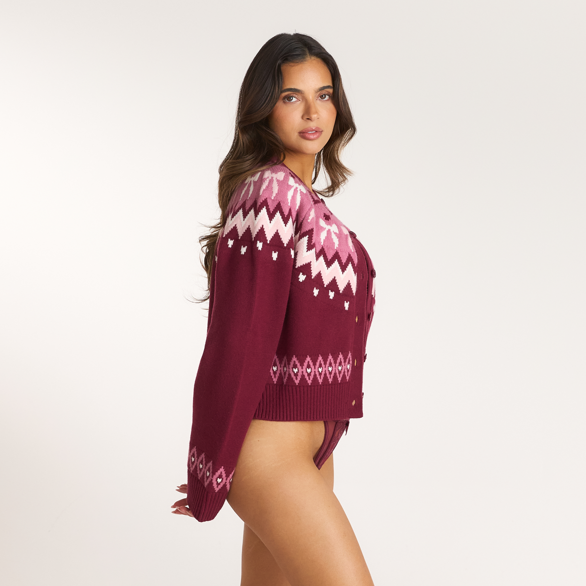 Lounge Fairisle Knitted Cardigan - Burgundy