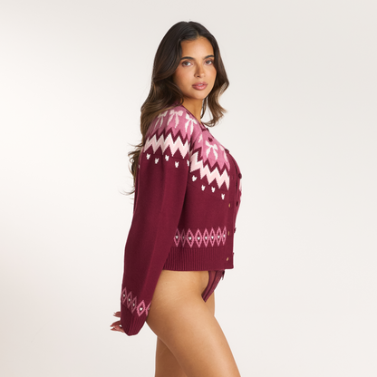 Lounge Fairisle Knitted Cardigan - Burgundy
