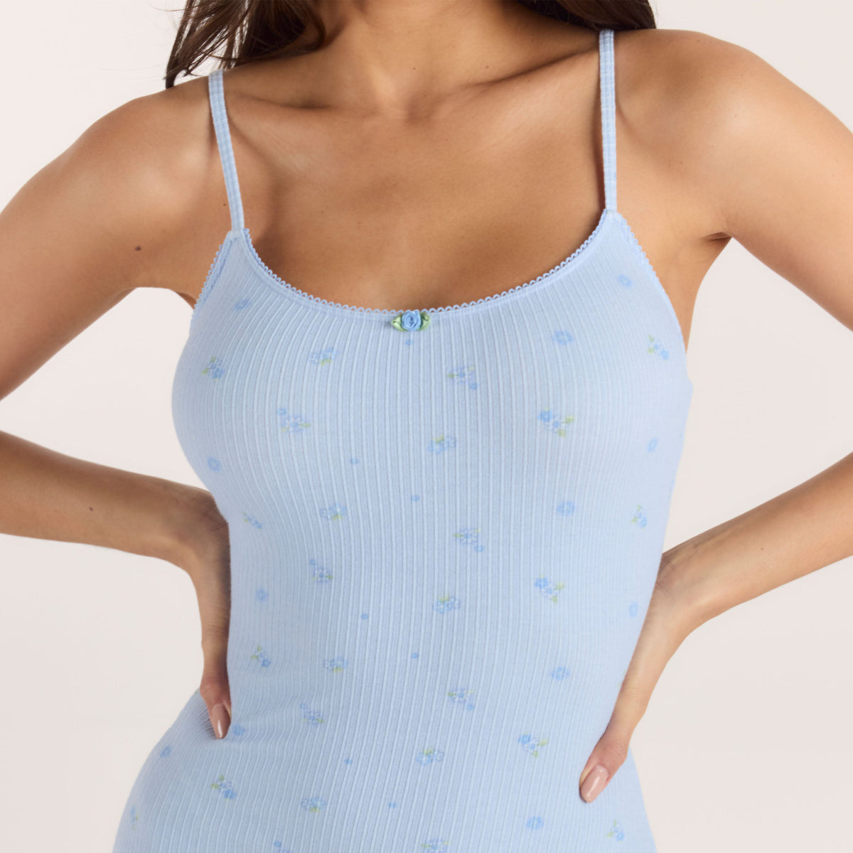 Lounge Ribbed Strappy Romper - Blue Floral