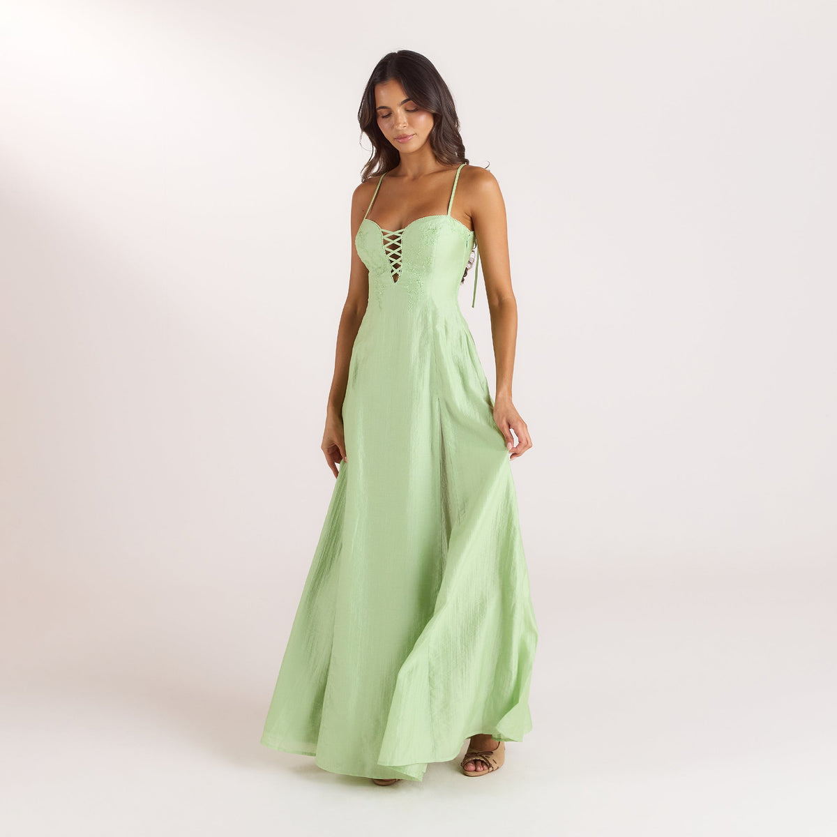 Lounge Embroidered Lace-Up Maxi Dress - Green