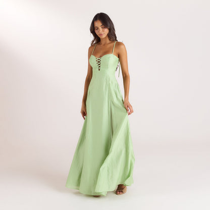 Lounge Embroidered Lace-Up Maxi Dress - Green