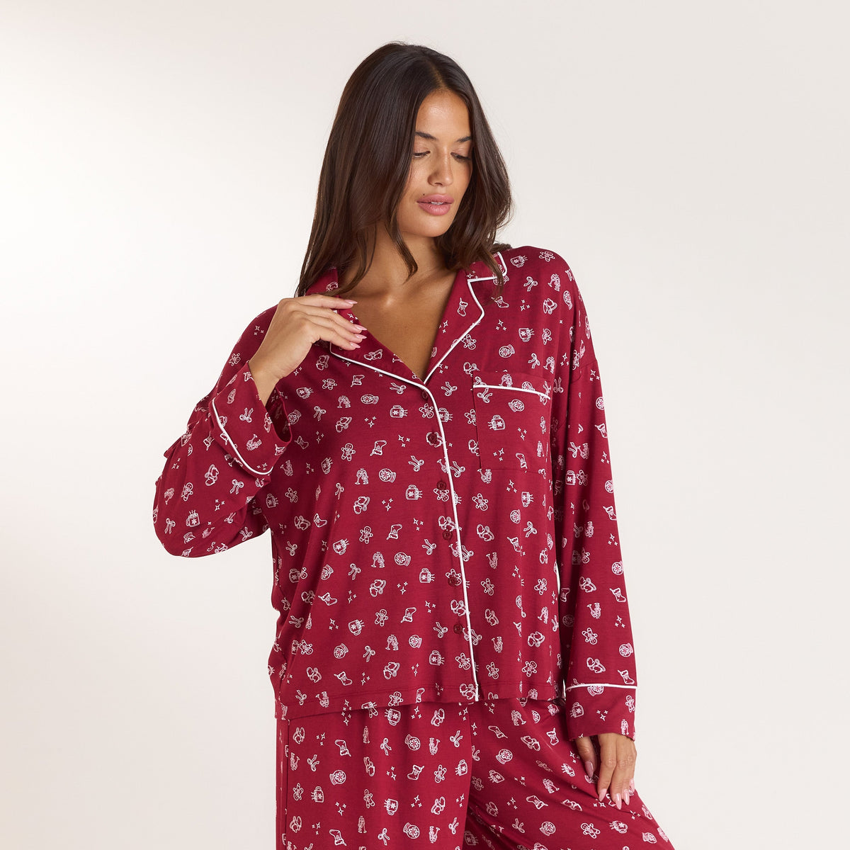 Lounge Christmas Cottage Modal Pajama Shirt - Red Print