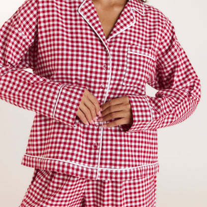 Lounge Christmas Cottage Gingham Pajama Shirt - Red