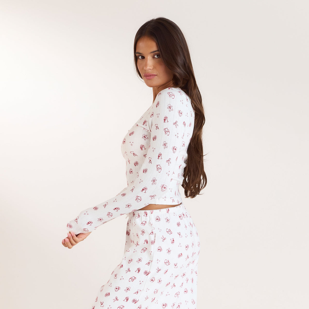 Lounge Christmas Cottage Pointelle Pajama Top - White Print